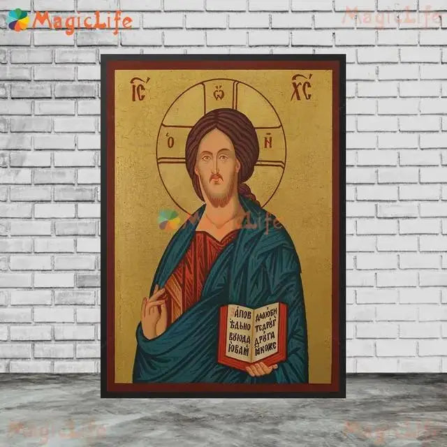 Christ Blessing Icon Orthodox Pantocrator Wall Art Unframed Canvas Painting for Church Room Decor