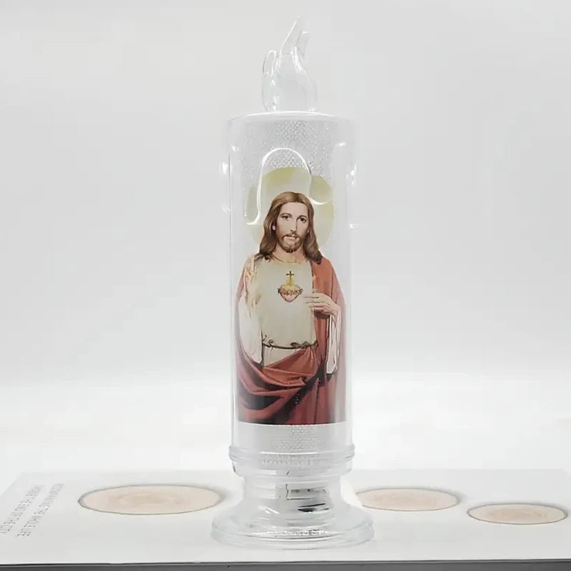 Flameless LED Prayer Candle with Jesus & Virgin Mary - Decorative Religious Night Light for Home Altar or Gift