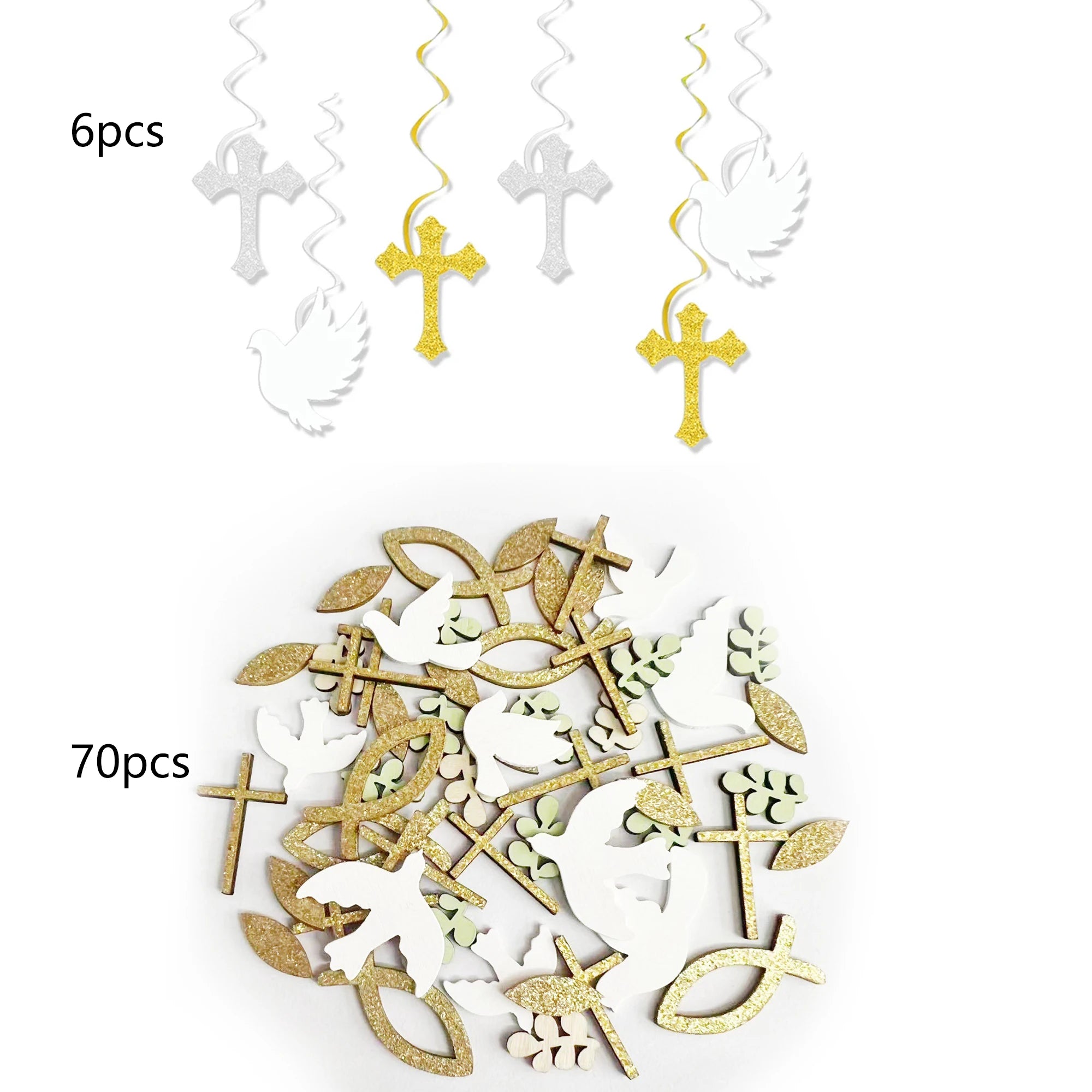 Religious Party Decor Set First Communion Baptism Hanging Swirls & Wooden Confetti Cross Dove Star for Christian Party Supplies