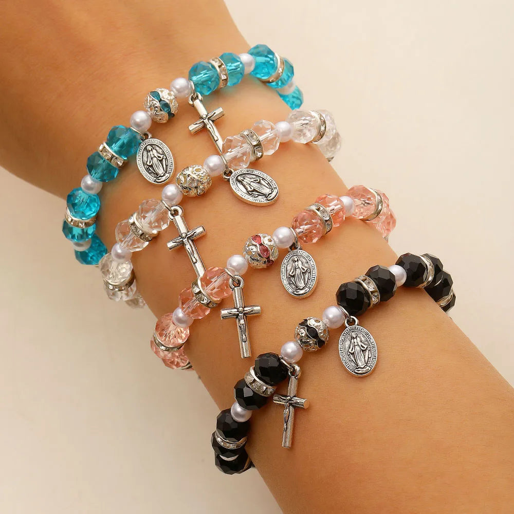 Christian Crystal Pearl Bracelet Jesus Cross Virgin Mary Pendant Religious Jewelry for Women Boho Y2K Prayer Wrist Jewelry Gift