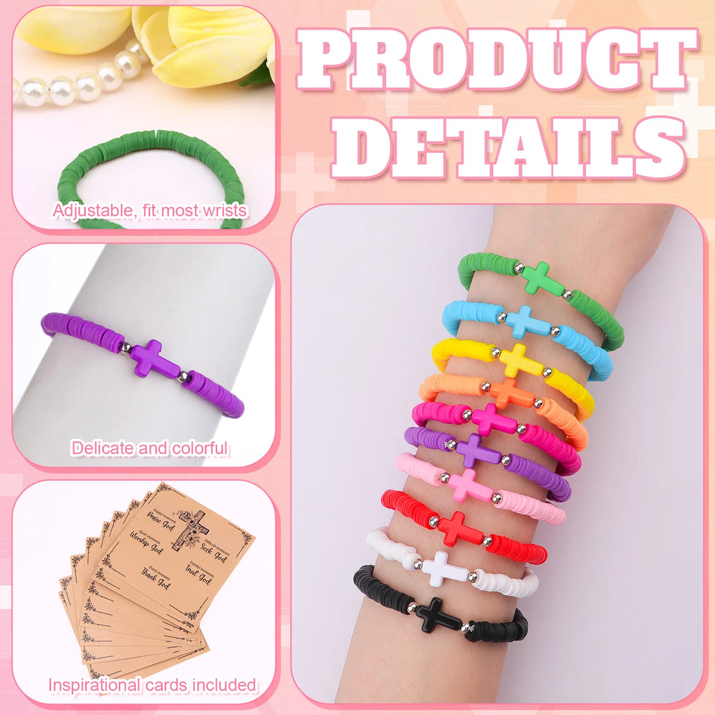 20 Sets Christian Gifts for Women Wen Cross Bracelets Bulk Jesus Friendship Bracelets with Cards Elastic Polymer Clay Beaded