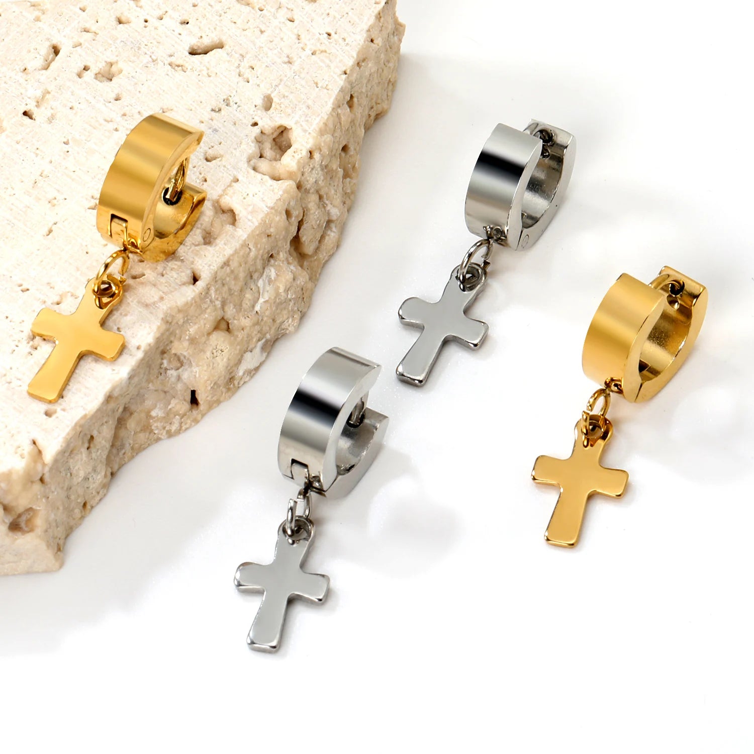 LUXUKISSKIDS Christian Cross Pendant Earrings Steel Punk Men/Woman Cross Charm Drop Earrings Huggie Round Ears Dangling Clips