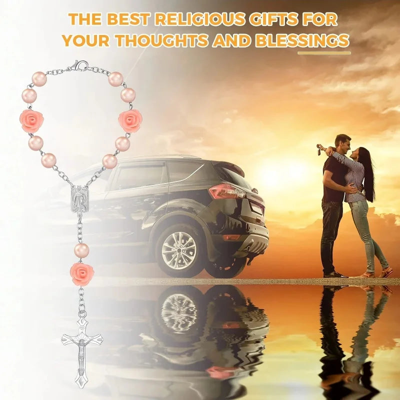 Christian Car Gift,Cross Steering Wheel Prayer Beads Charm,Catholic Prayer Protection Ornament,Interior Decor,Hanging Accessor