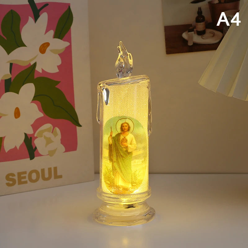 Flameless LED Prayer Candle with Jesus & Virgin Mary - Decorative Religious Night Light for Home Altar or Gift