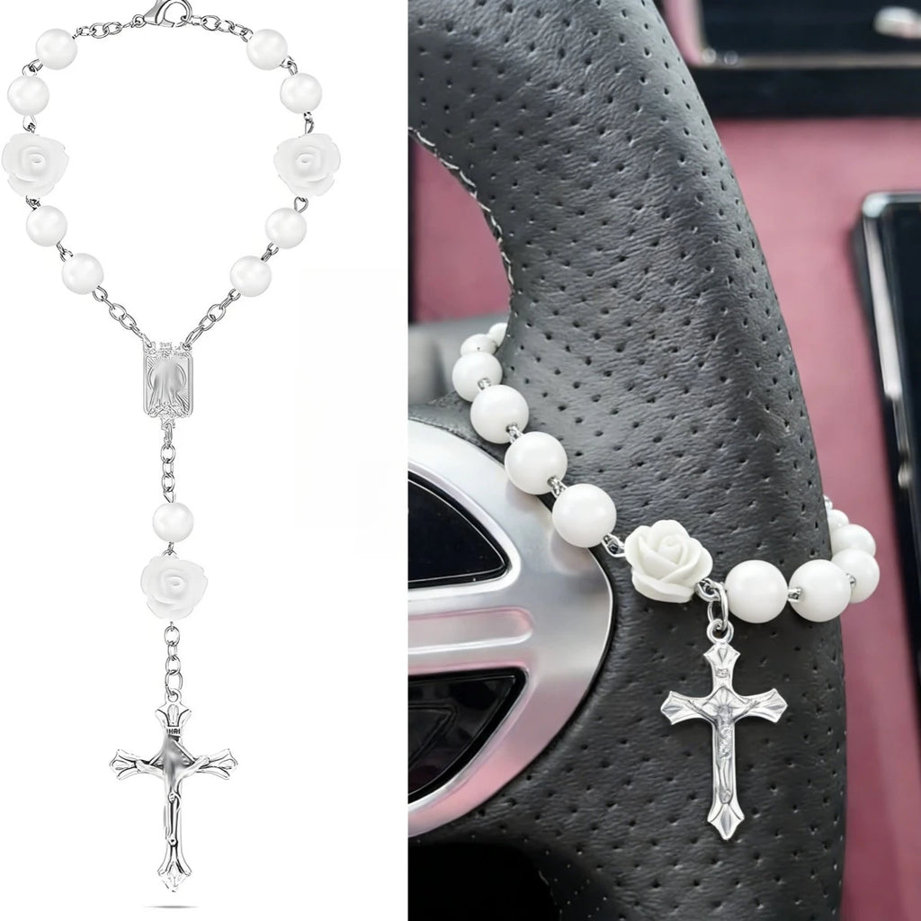 Christian Car Gift,Cross Steering Wheel Prayer Beads Charm,Catholic Prayer Protection Ornament,Interior Decor,Hanging Accessor