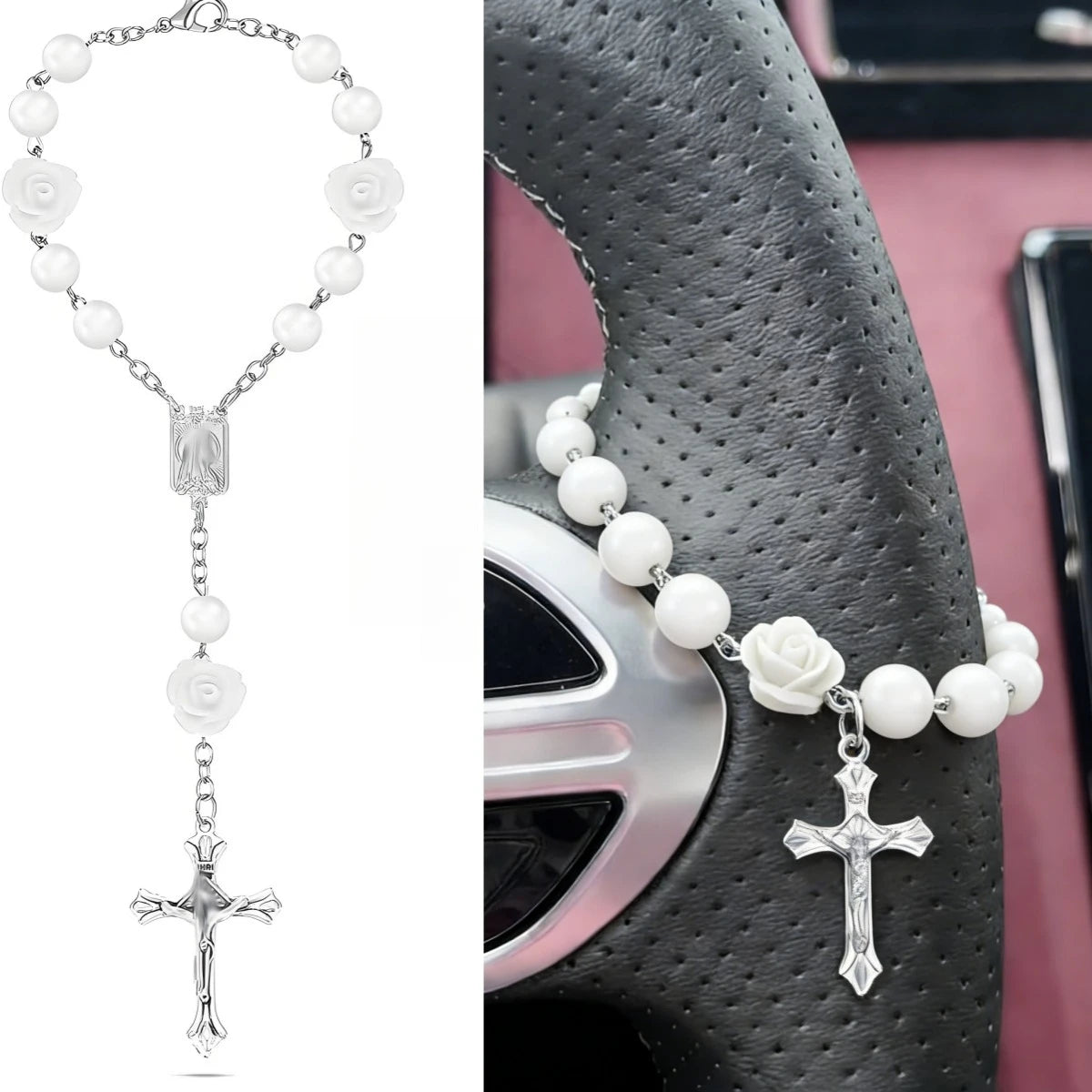 Christian Car Gift,Cross Steering Wheel Prayer Beads Charm,Catholic Prayer Protection Ornament,Interior Decor,Hanging Accessor