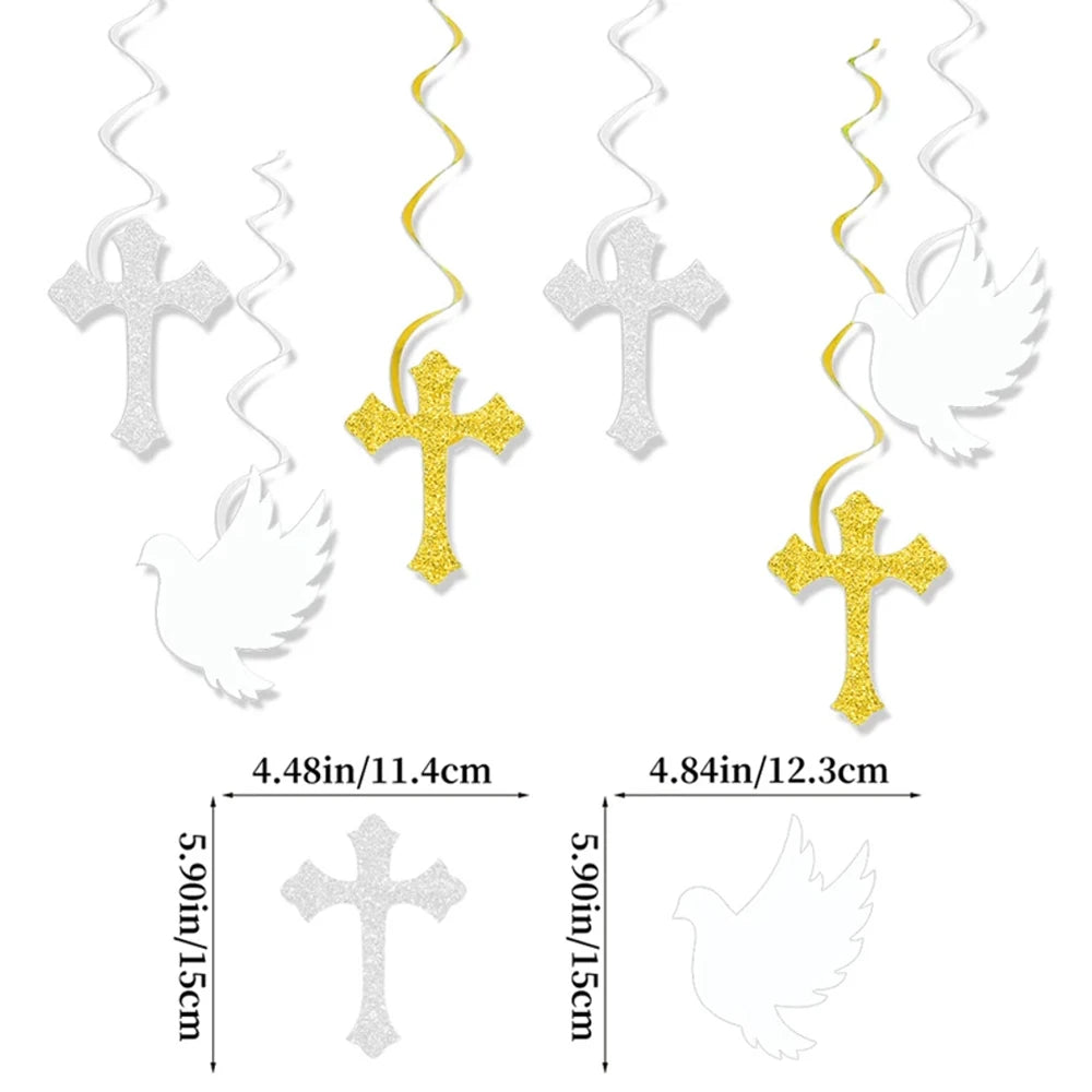 Religious Party Decor Set First Communion Baptism Hanging Swirls & Wooden Confetti Cross Dove Star for Christian Party Supplies