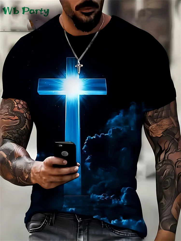 Fashion Crucifix Print Mens Clothing Round Neck T-shirts for Men Casual Loose Men's Clothing Street Crucifix Graphic T shirts