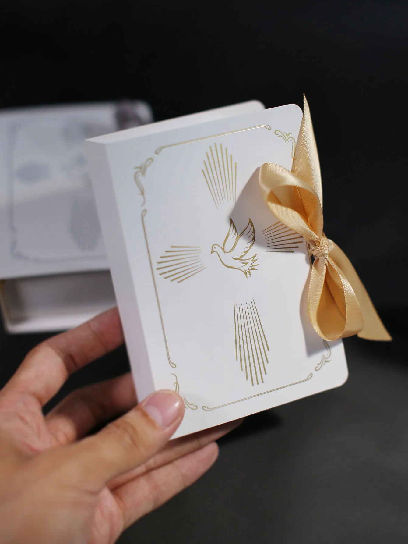 Christian baptism gift box, gold and silver ribbons, a dove in the cross pattern, baptism candy box, sacred baptism