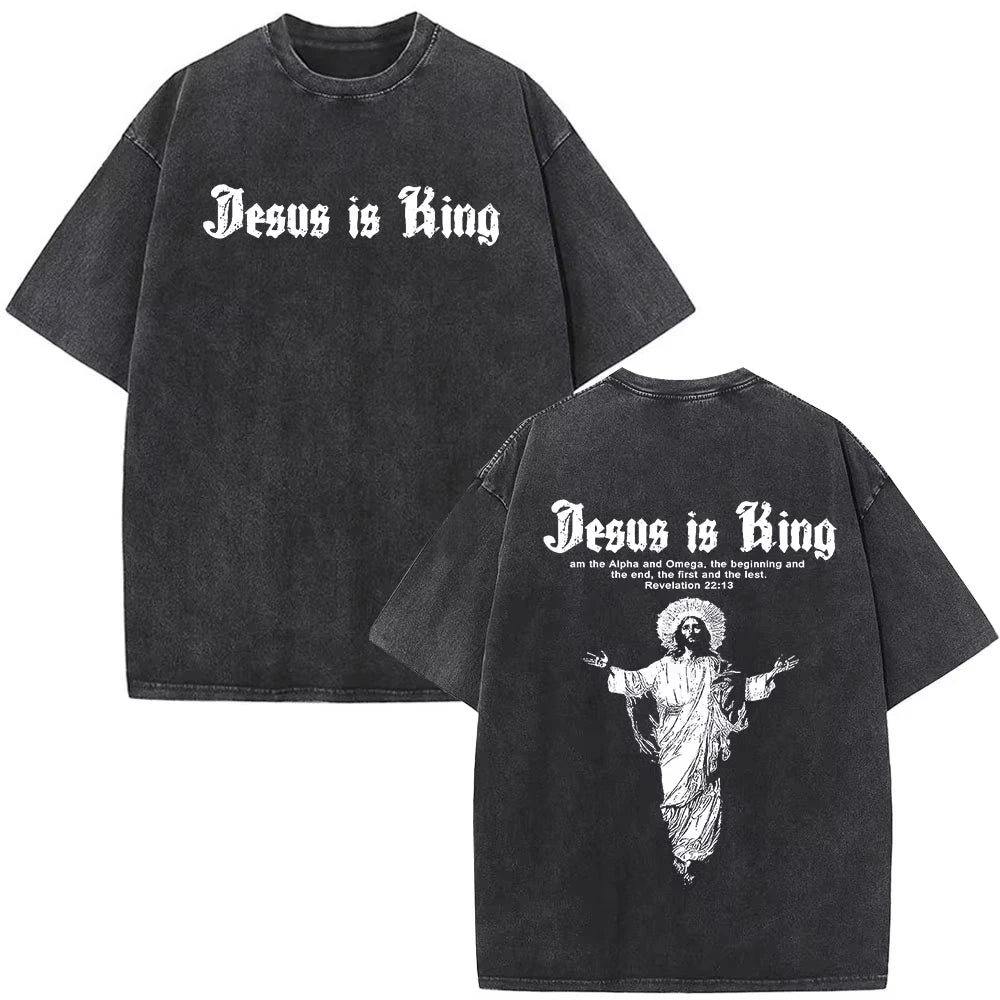 2026 new Christianity-themed patterned printed vintage washed water buffalo denim T-shirt  Fashion hip-hop short-sleeved T-shirt