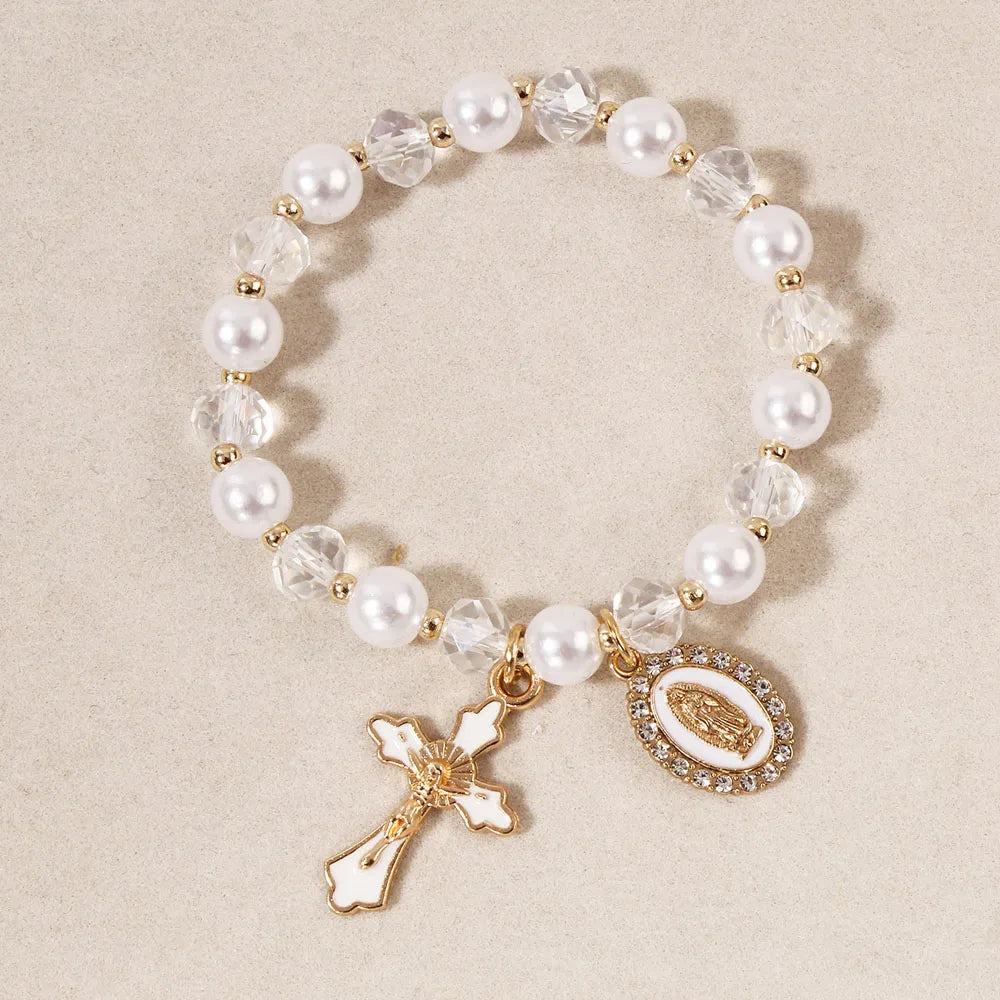Christian Crystal Pearl Bracelet Jesus Cross Virgin Mary Pendant Religious Jewelry for Women Boho Y2K Prayer Wrist Jewelry Gift