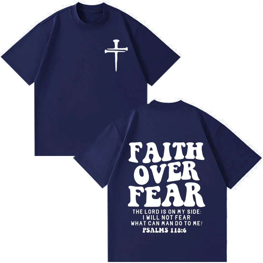 Faith Over Fear Christian Minimalist Cross Bible Verse Graphic T-Shirt Men Women Vintage T-shirt Loose Casual Oversized T-shirts