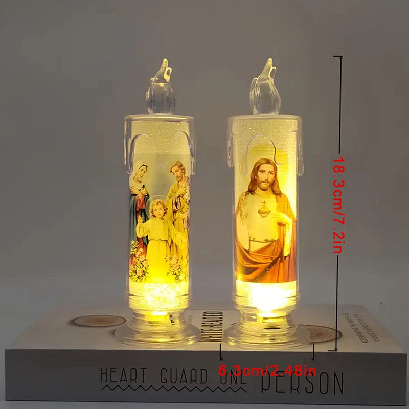 Flameless LED Prayer Candle with Jesus & Virgin Mary - Decorative Religious Night Light for Home Altar or Gift