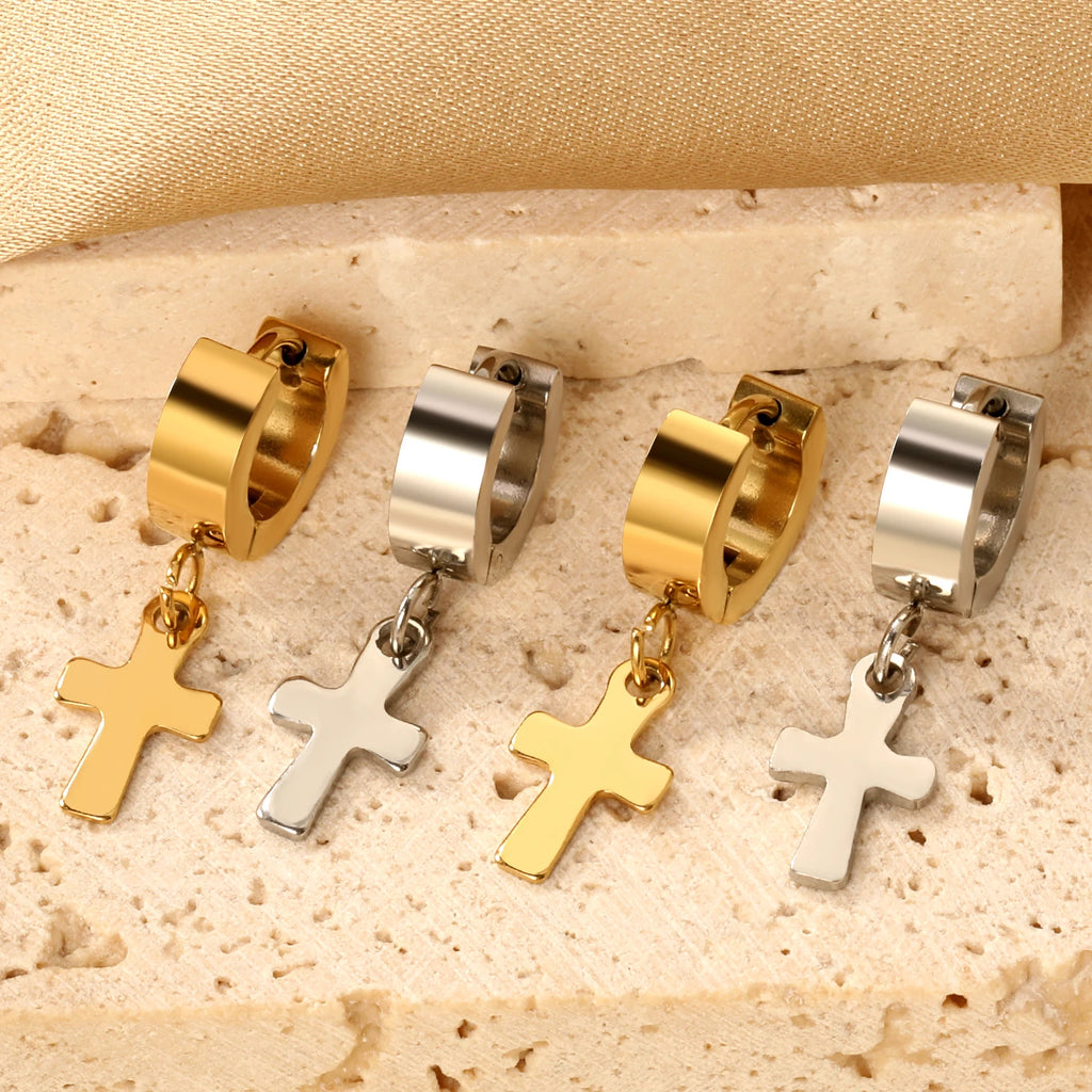 LUXUKISSKIDS Christian Cross Pendant Earrings Steel Punk Men/Woman Cross Charm Drop Earrings Huggie Round Ears Dangling Clips