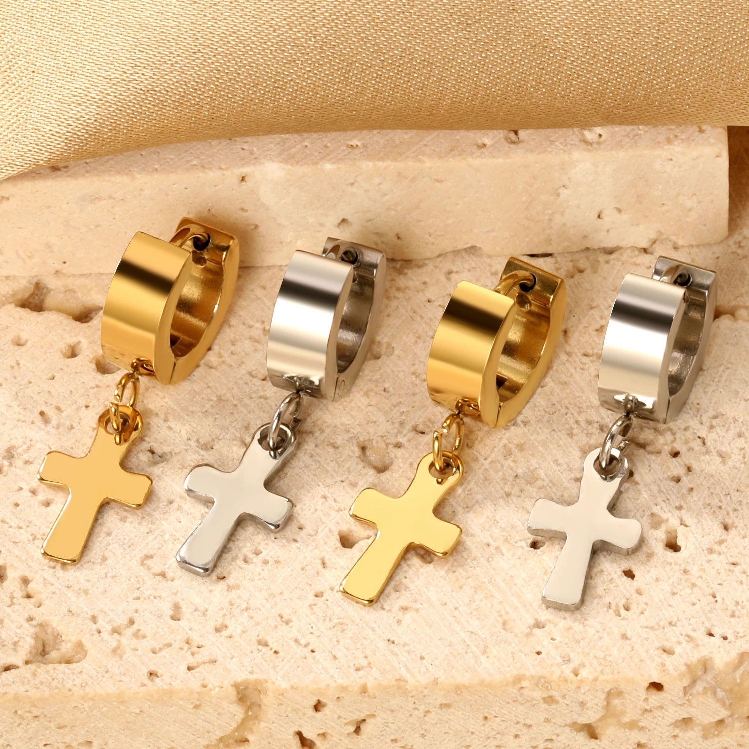 LUXUKISSKIDS Christian Cross Pendant Earrings Steel Punk Men/Woman Cross Charm Drop Earrings Huggie Round Ears Dangling Clips