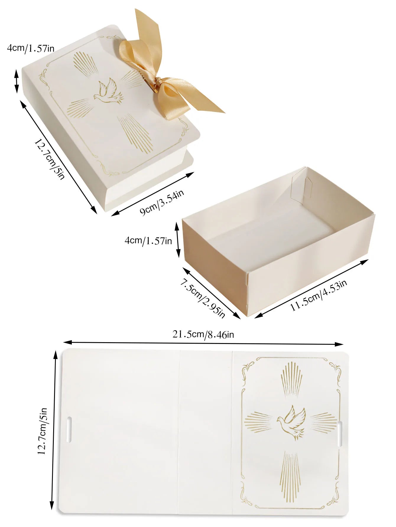 Christian baptism gift box, gold and silver ribbons, a dove in the cross pattern, baptism candy box, sacred baptism