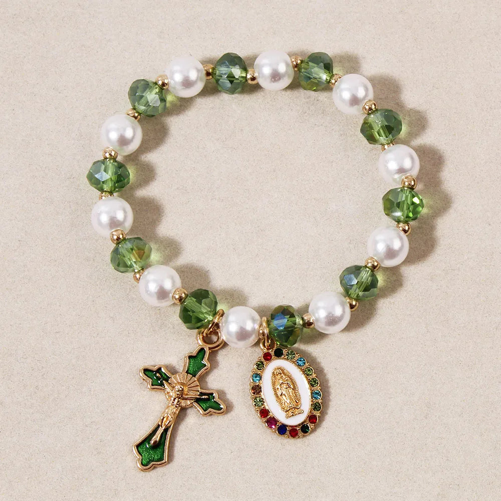 Christian Crystal Pearl Bracelet Jesus Cross Virgin Mary Pendant Religious Jewelry for Women Boho Y2K Prayer Wrist Jewelry Gift