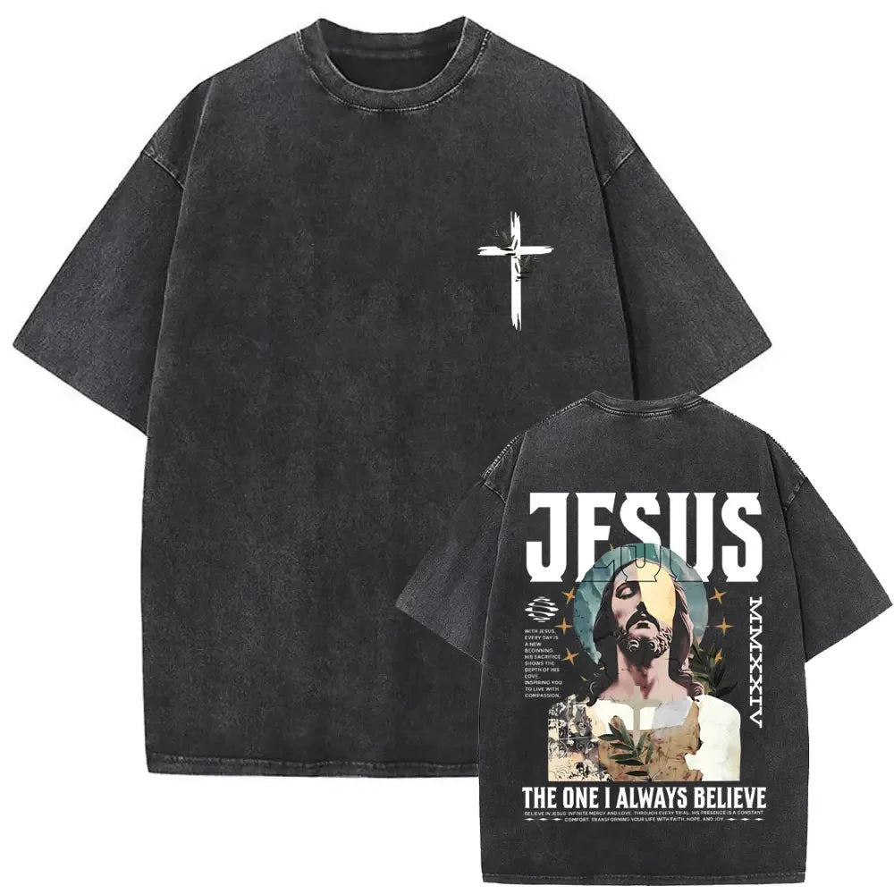 Christian Religious Jesus Forgive Them Father Vintage Washed T-shirt Men Women Gothic Rock Oversized T Shirts Tops Streetwear