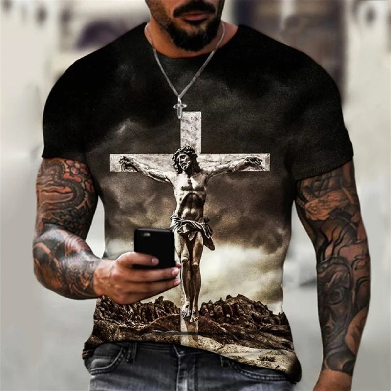 3D Print Christian T Shirts Oversized Tee Shirt Gothic Jesus Christ Cross O-Neck Tops Vintage Hip Hop Short Sleeve Men Clothing