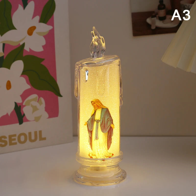 Flameless LED Prayer Candle with Jesus & Virgin Mary - Decorative Religious Night Light for Home Altar or Gift