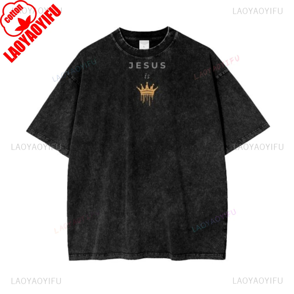 Jesus Is King Acid Wash Cotton Graphic T Shirts Woman Man Christian Tshirt Fashion Summer Casual Outdoors Streetwear Clothes