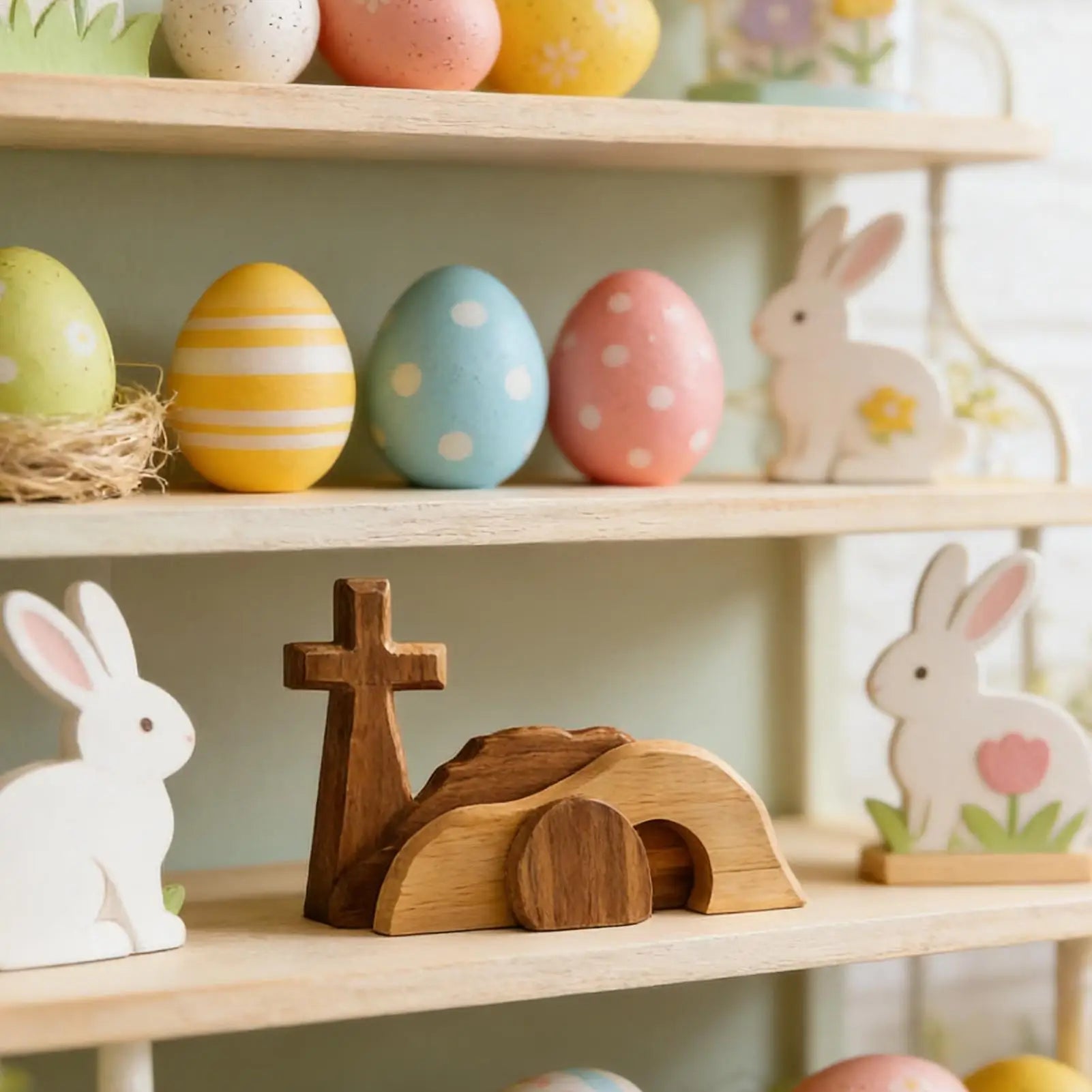 Christian Easter Empty Tomb Scene Wooden Tabletop Centerpiece Religious Decor for Home Church Shelf Desk Spring Holiday Display