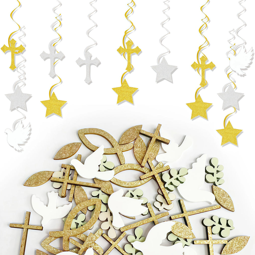 Religious Party Decor Set First Communion Baptism Hanging Swirls & Wooden Confetti Cross Dove Star for Christian Party Supplies