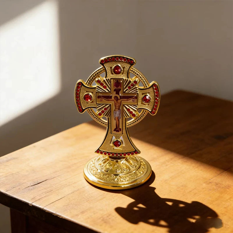 Exquisite Red Crystal Inlaid Gold Orthodox Desktop Cross Standing Crucifix for Christian Devotion Home Decor and Faith Collectio