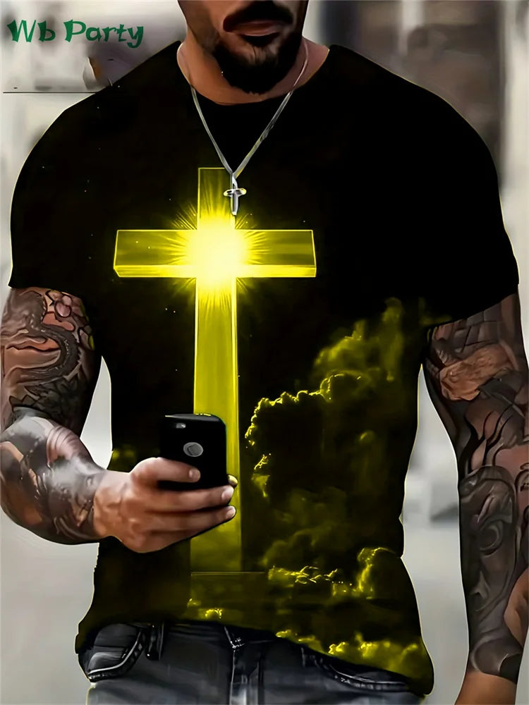 Fashion Crucifix Print Mens Clothing Round Neck T-shirts for Men Casual Loose Men's Clothing Street Crucifix Graphic T shirts