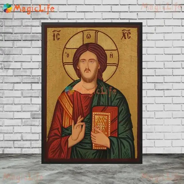 Christ Blessing Icon Orthodox Pantocrator Wall Art Unframed Canvas Painting for Church Room Decor
