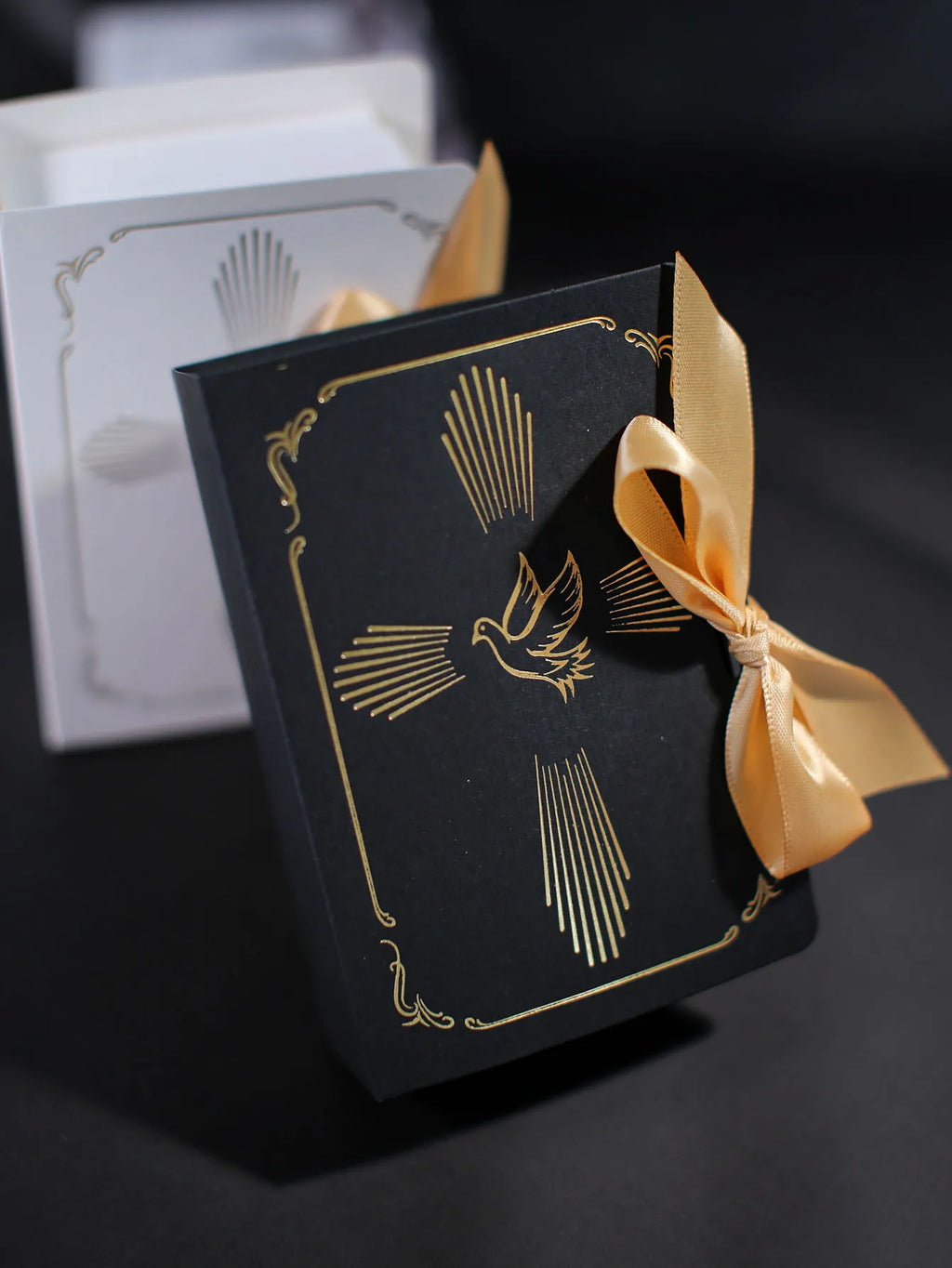Christian baptism gift box, gold and silver ribbons, a dove in the cross pattern, baptism candy box, sacred baptism