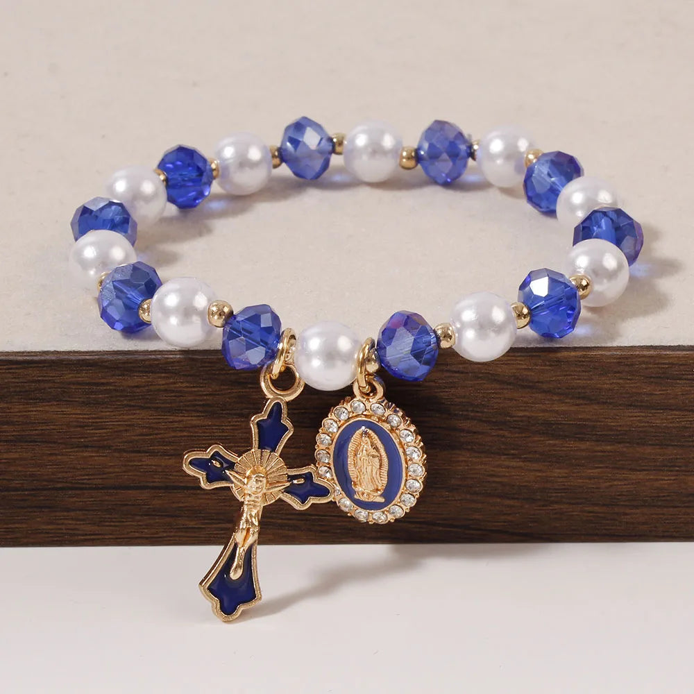 Christian Crystal Pearl Bracelet Jesus Cross Virgin Mary Pendant Religious Jewelry for Women Boho Y2K Prayer Wrist Jewelry Gift