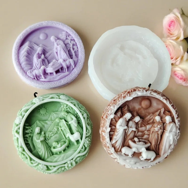 Virgin Jesus Family Silicone Candle Mold DIY Catholic Nativity Statue Craft Gypsum Cement Soap Mold Religious Decoration Gift