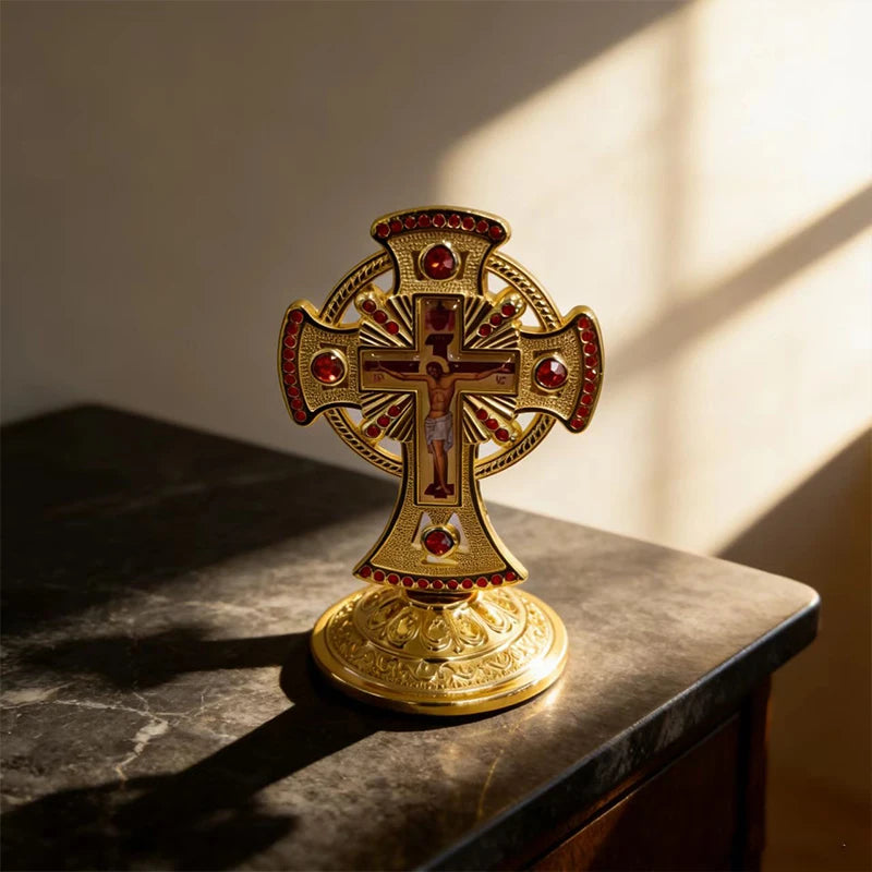 Exquisite Red Crystal Inlaid Gold Orthodox Desktop Cross Standing Crucifix for Christian Devotion Home Decor and Faith Collectio