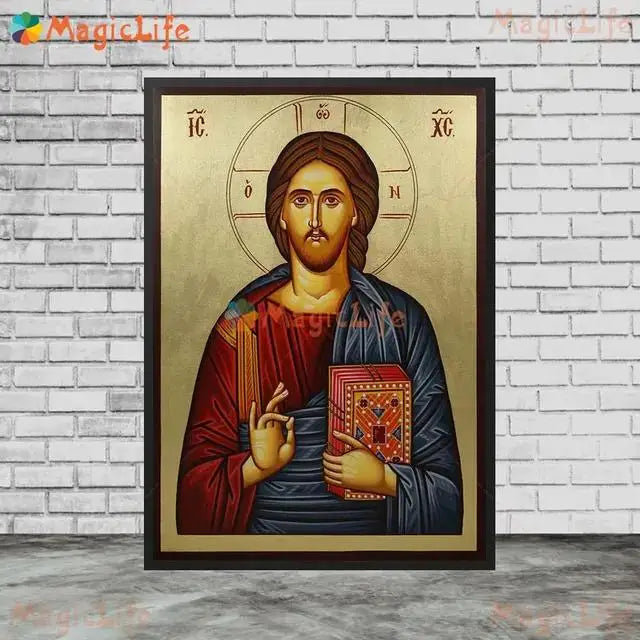 Christ Blessing Icon Orthodox Pantocrator Wall Art Unframed Canvas Painting for Church Room Decor