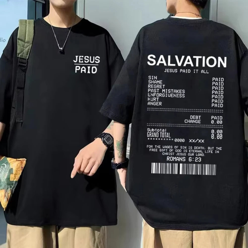Christian Salvation Jesus Paid It All Graphic Tshirt Men's Women's Fashion Oversized Short Sleeve Unisex Hip Hop Vintage T-shirt