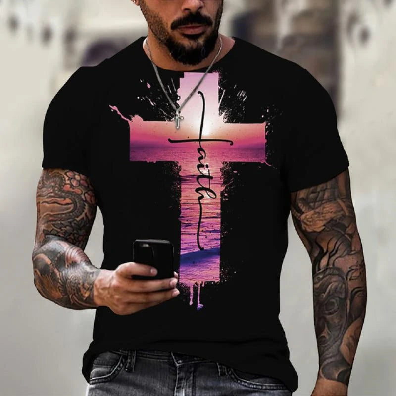 3D Print Christian T Shirts Oversized Tee Shirt Gothic Jesus Christ Cross O-Neck Tops Vintage Hip Hop Short Sleeve Men Clothing