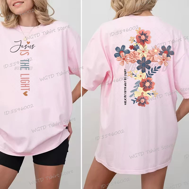 Jesus Is The Light Christian T Shirt Inspirational Floral Cross Vintage T Shirts Women Gift for Christian Religious T Shirts