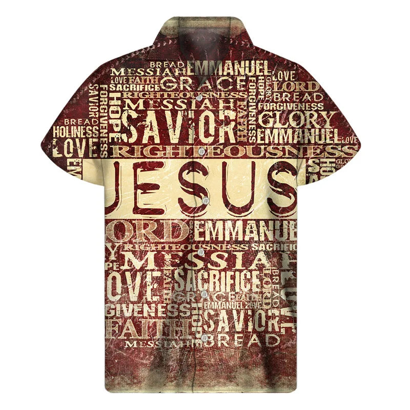 Christian Cross Religious 3D Print Hawaiian Shirts Men Summer Jesus Lapel Button Shirt Fashion Loose Short Sleeves Tops Blouse