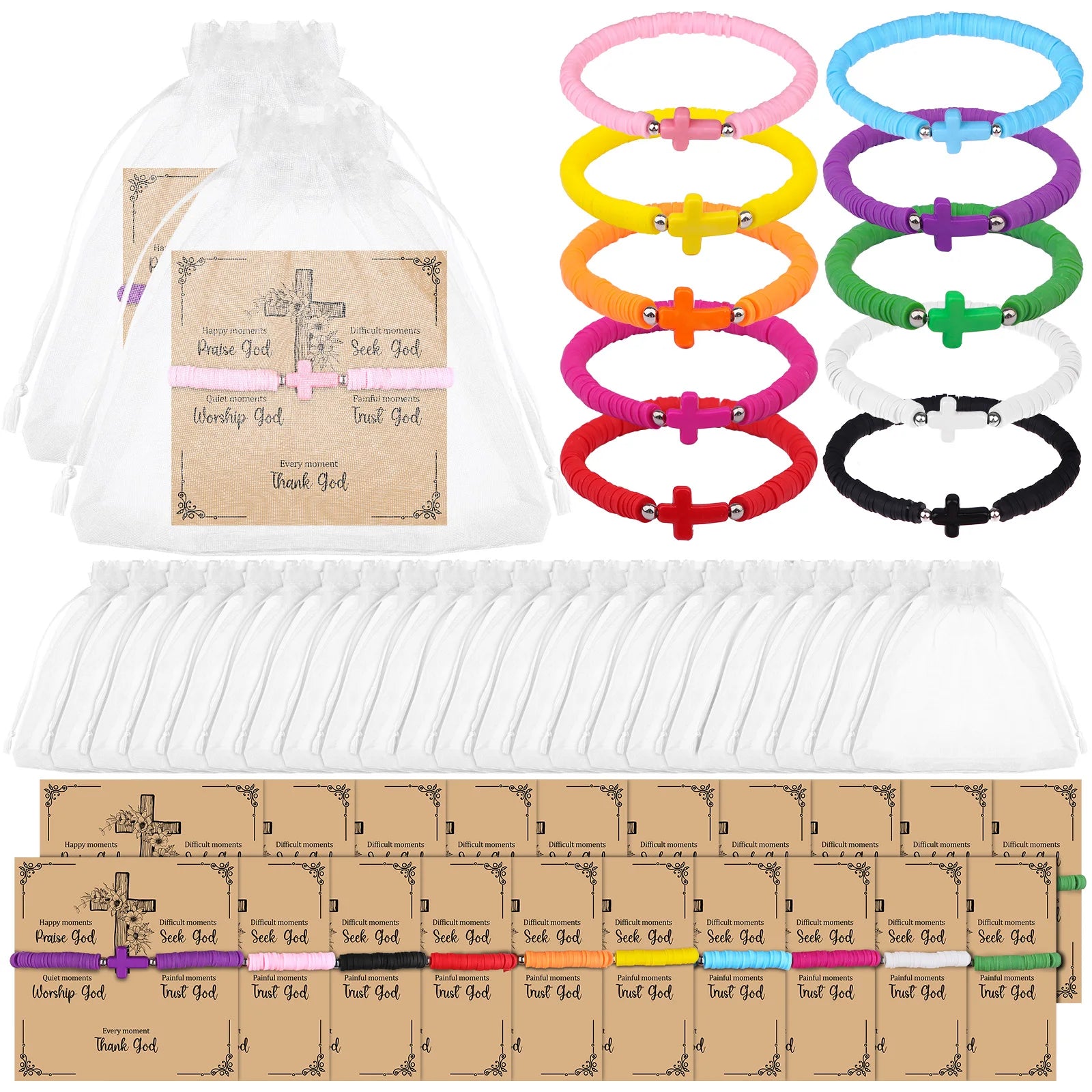 20 Sets Christian Gifts for Women Wen Cross Bracelets Bulk Jesus Friendship Bracelets with Cards Elastic Polymer Clay Beaded