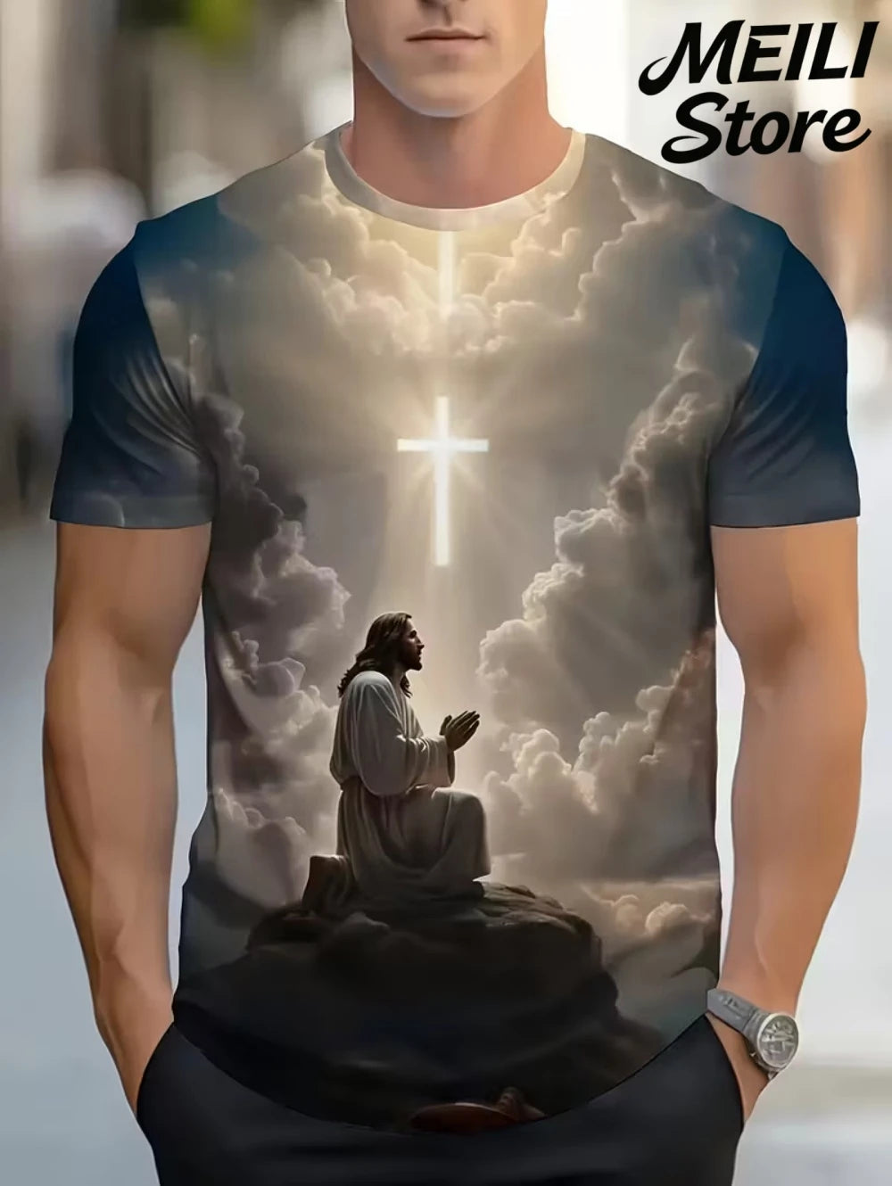 Men's 3D Jesus Print T-Shirt Short Sleeve Casual Crew Neck Praying Hands Design T Shirt for Men New in Oversized Tee Shirt Tops