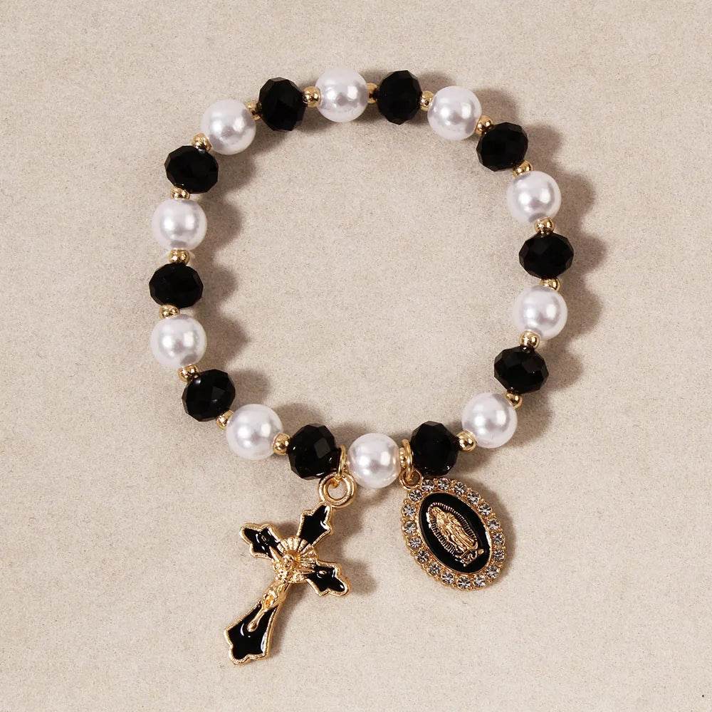 Christian Crystal Pearl Bracelet Jesus Cross Virgin Mary Pendant Religious Jewelry for Women Boho Y2K Prayer Wrist Jewelry Gift