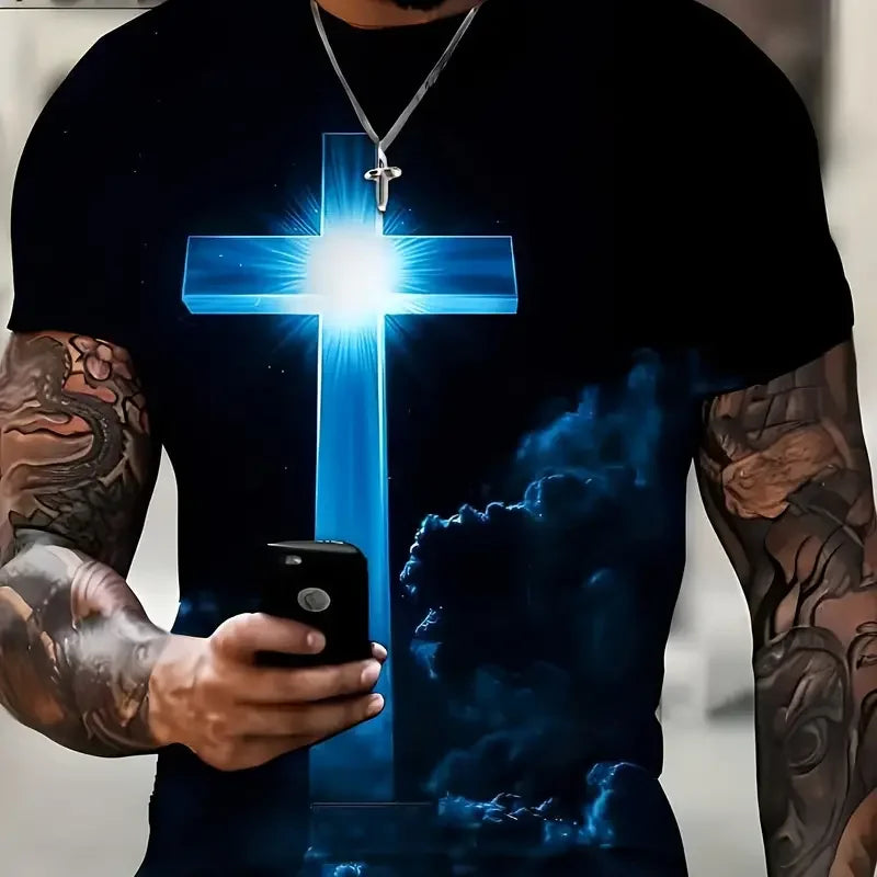 Cross Jesus 3D Printed Men's T-Shirt Vintage Harajuku Street Tops Tee Breathable Oversized Sports T Shirt Casual Men Clothing