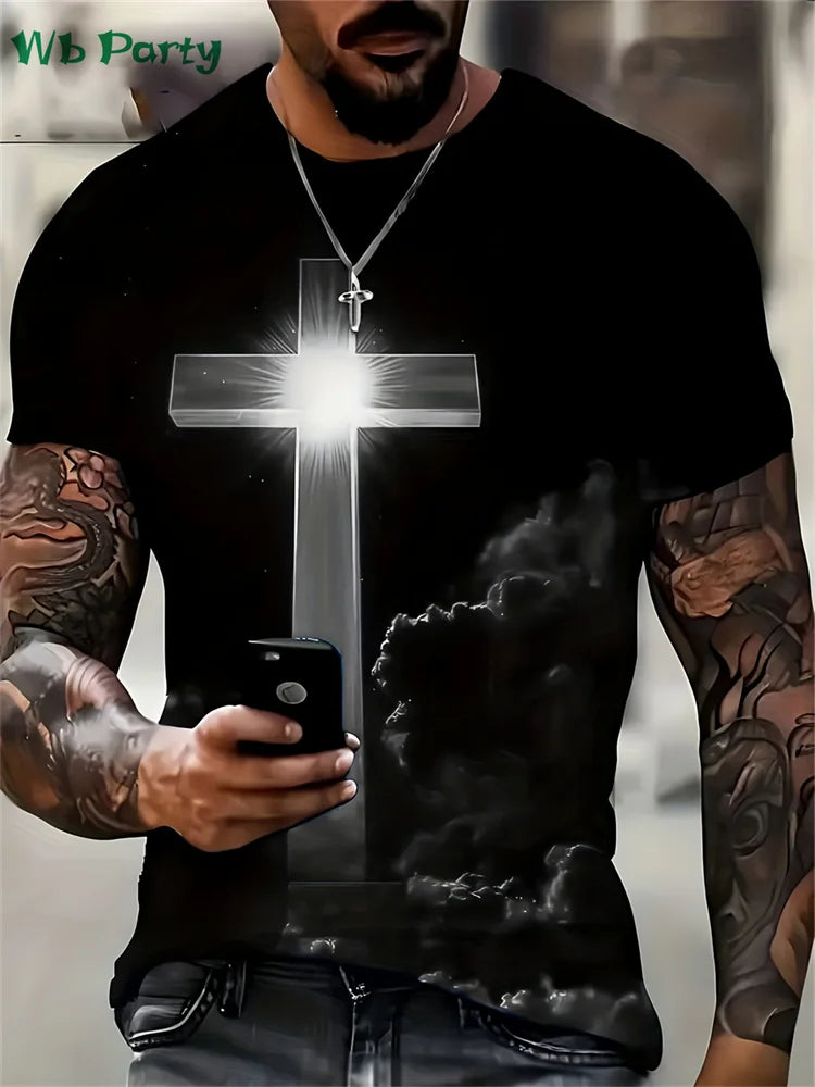 Fashion Crucifix Print Mens Clothing Round Neck T-shirts for Men Casual Loose Men's Clothing Street Crucifix Graphic T shirts