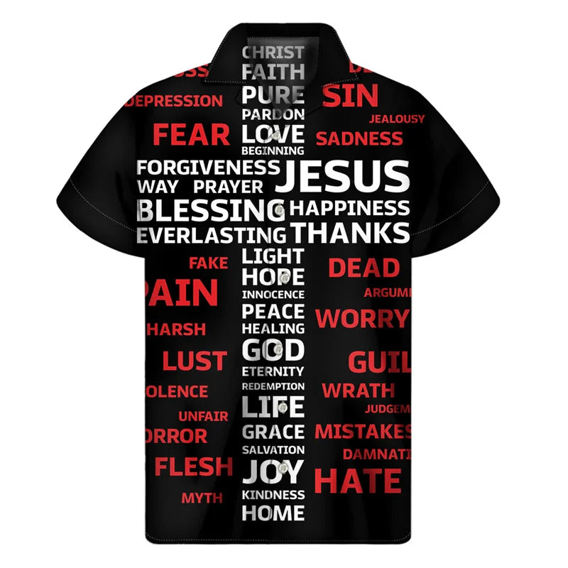 Christian Cross Religious 3D Print Hawaiian Shirts Men Summer Jesus Lapel Button Shirt Fashion Loose Short Sleeves Tops Blouse