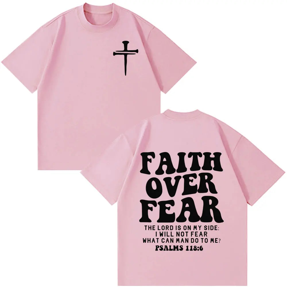 Faith Over Fear Christian Minimalist Cross Bible Verse Graphic T-Shirt Men Women Vintage T-shirt Loose Casual Oversized T-shirts