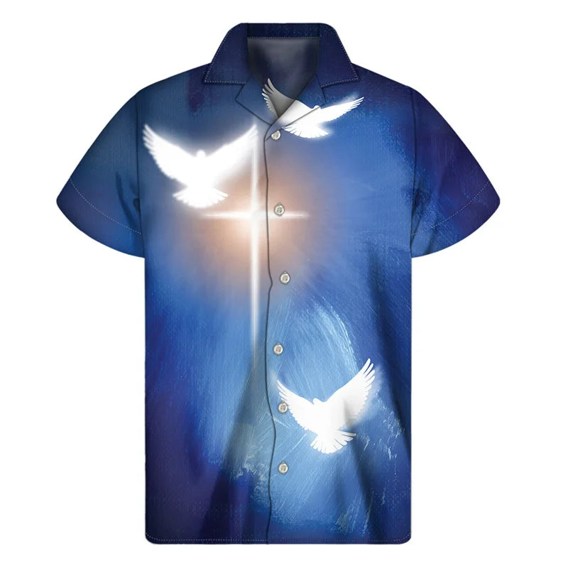 Christian Cross Religious 3D Print Hawaiian Shirts Men Summer Jesus Lapel Button Shirt Fashion Loose Short Sleeves Tops Blouse