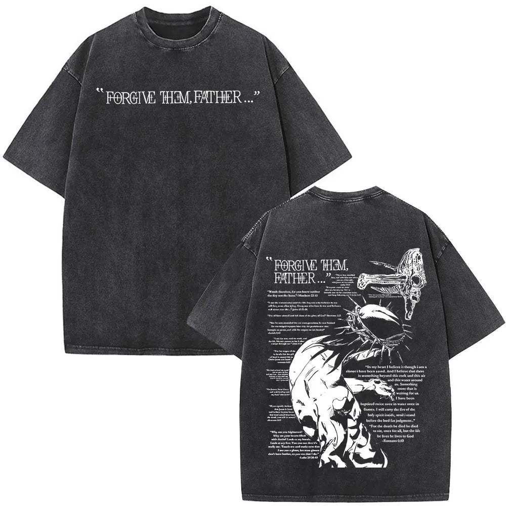 Christian Jesus Forgive Them Father Bible Vintage Washed T-shirts Men's Women Gothic Fashion Oversized T Shirts Tops Streetwear