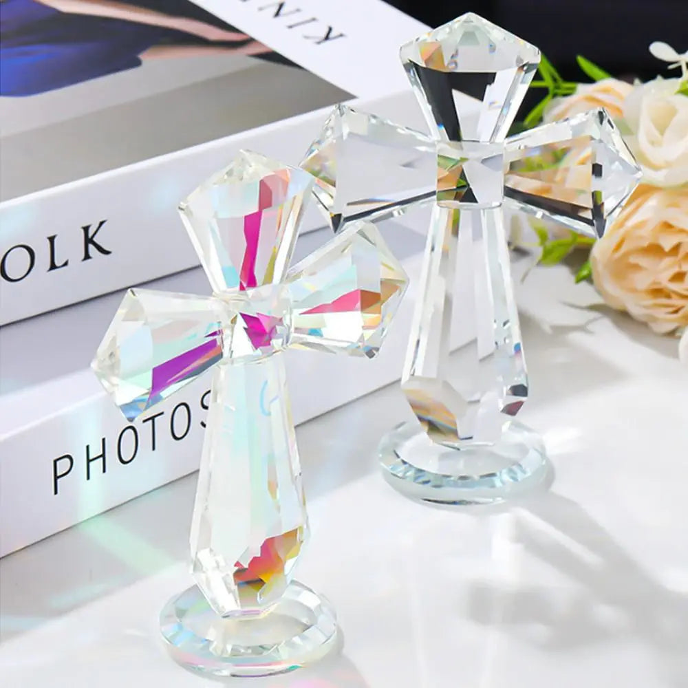 Creative AB Color Crystal Cross Ornament Standing Exquisite Christian Cross Crafts Handmade Crosses Figurine Christian Decor