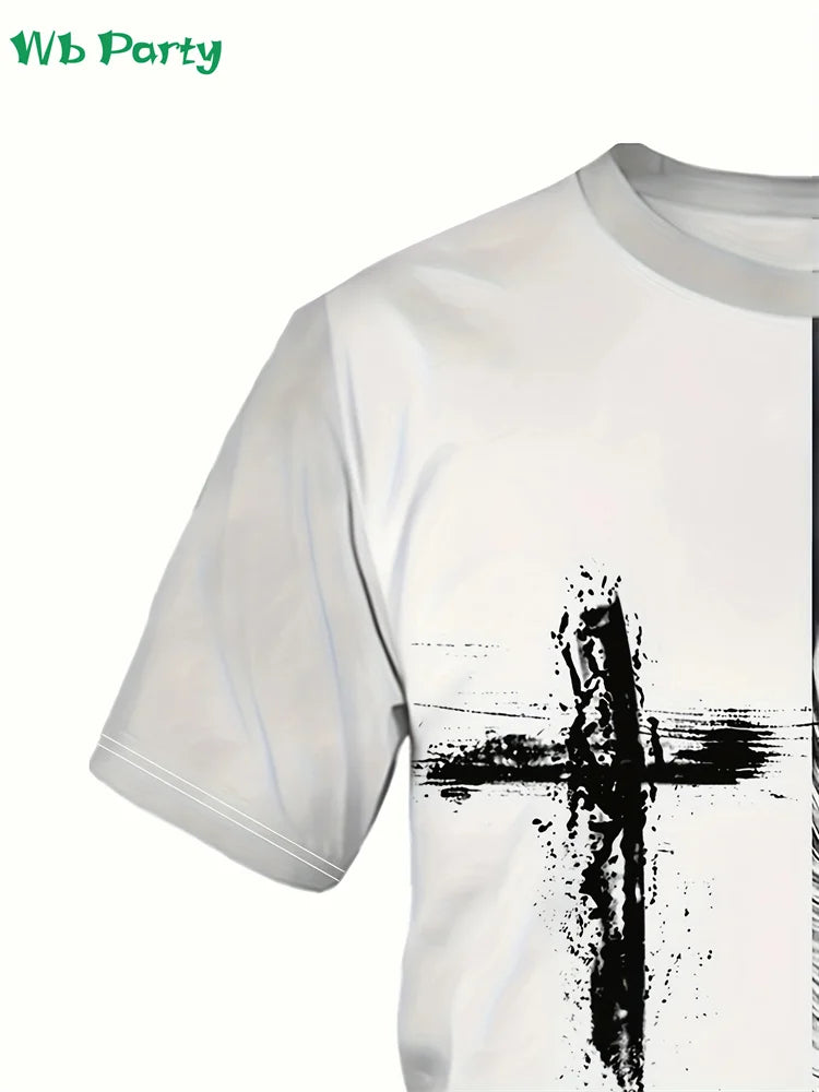Fashion Crucifix Print Mens Clothing Round Neck T-shirts for Men Casual Loose Men's Clothing Street Crucifix Graphic T shirts